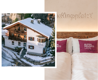 A cozy alpine house with a snowy roof and wooden balconies is pictured on the left. On the right, a close-up of a bed with white linens and two red pillows labeled ALPEN RESORTS LADIS is shown under a wall with Lieblingsplatzl written on it.