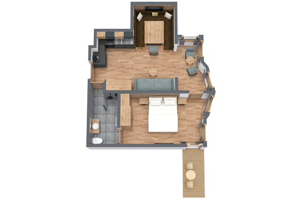 3D floor plan of an apartment with a bedroom, living area, kitchen, bathroom, and a small outdoor deck. The bedroom has a double bed, and the living area includes a sofa and coffee table. The layout features wood flooring and modern furnishings.