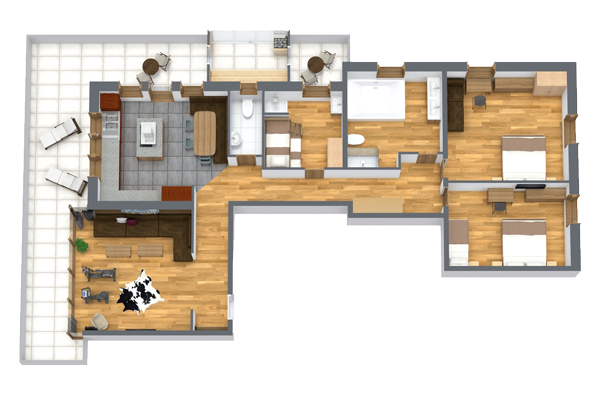 3D floor plan of an apartment featuring two bedrooms, a bathroom, a kitchen, a living area with a cowhide rug, dining space, and a balcony with outdoor seating. Wood flooring is prevalent throughout, except for the tiled kitchen and balcony.