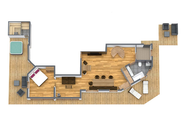 Ein 3D-Grundriss zeigt ein modernes Familienchalet für 4-6 Personen in Ladis. Es verfügt über ein Schlafzimmer, einen Wohnbereich, eine Küche, ein Badezimmer und eine Terrasse mit Holzboden, einer Wendeltreppe, Sitzgelegenheiten im Freien und einem kleinen Whirlpool im oberen linken Bereich.