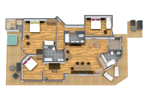 Ein 3D-Grundriss eines Alpin Chalets für große Gruppen in Ladis, der drei Schlafzimmer mit Betten, zwei Badezimmer, eine Küche und einen Wohnbereich mit Sitzgelegenheiten rund um eine Wendeltreppe zeigt. Eine Außenterrasse bietet zusätzliche Sitzgelegenheiten und einen Whirlpool. Das Chalet verfügt durchgehend über Holzböden.