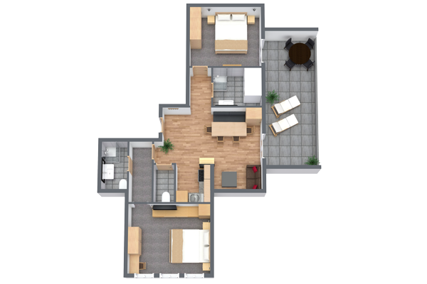 3D floor plan of an apartment with two bedrooms, a bathroom, a living area, a kitchen, and a balcony with outdoor seating. The bedrooms and living area have furniture, and theres a tiled balcony with a table and chairs.