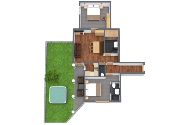 3D floor plan of an apartment with two bedrooms. Includes a living area, kitchen, two bathrooms, and an outdoor space with a garden and a small pool. Rooms have wooden flooring, and there is a combination of grey and beige tones.
