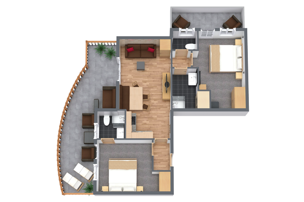 Entdecken Sie einen 3D-Grundriss eines modernen Apartments für 4-6 Personen im Alpenapart in Ladis mit zwei Schlafzimmern, zwei Badezimmern und einem offenen Grundriss mit Holzboden. Genießen Sie den großen halbrunden Balkon mit Sitzgelegenheiten im Freien, der perfekt ist, um die Aussicht auf die Berge zu genießen.