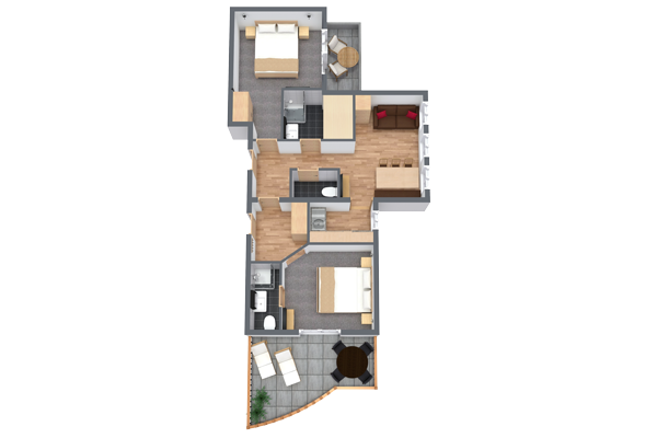 3D floor plan of an apartment with two bedrooms, two bathrooms, a kitchen, dining area, living room, and a balcony with outdoor furniture. The layout features wood and tile flooring, and modern furnishings.