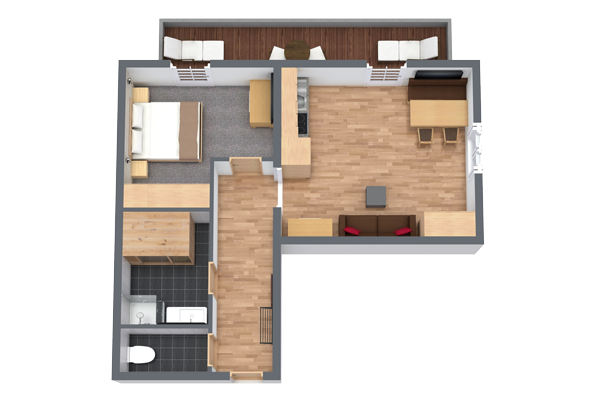 A 3D floor plan showing an apartment layout with a bedroom, bathroom, and an open living, dining, and kitchen area. Theres a balcony with seating. The living area and bedroom have wood floors; the bathroom has tile.