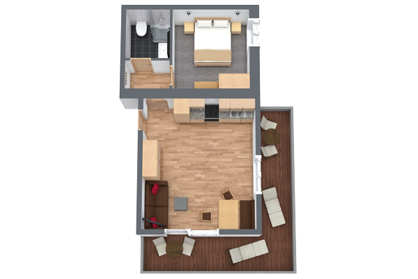 3D floor plan of a small apartment featuring a bedroom with a bed and desk, a bathroom, and an open-plan kitchen and living area with a sofa and TV. The layout includes a large outdoor patio with several lounge chairs.