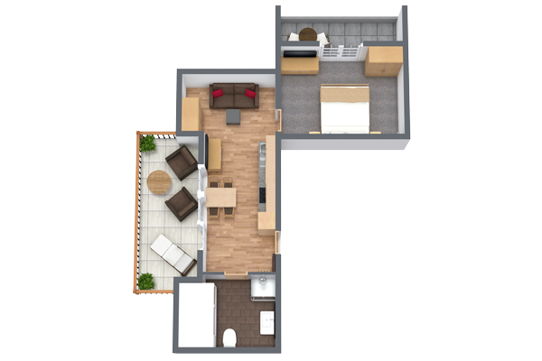 A 3D floor plan of an apartment featuring a bedroom with a bed and wardrobe, an open living room with a sofa, and a kitchen area. There is a small bathroom and an outdoor balcony with seating.