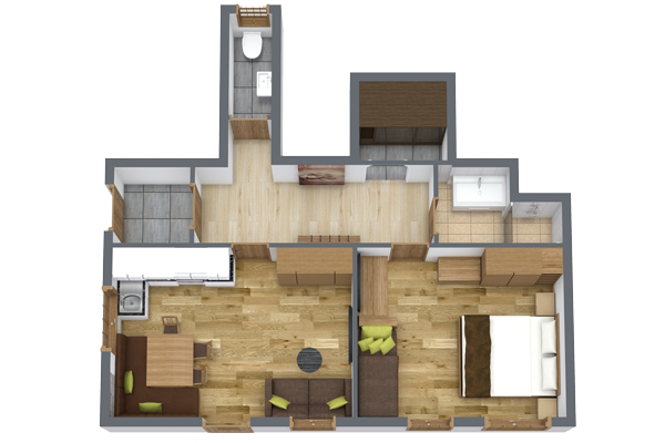 A 3D floor plan of an apartment showing a living room with brown sofa and table, a kitchen with appliances, a bedroom with a double bed, a bathroom with a shower, and a small entryway. Wood flooring is present throughout.