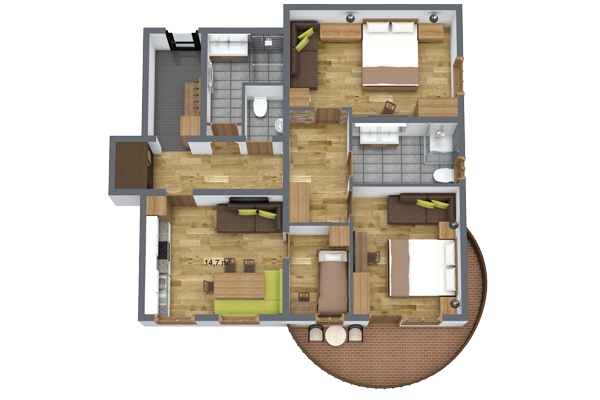 3D floor plan of an apartment featuring two bedrooms, a living room, a kitchen, a dining area, and two bathrooms. The space also includes a circular balcony, wood flooring, and modern furnishings.