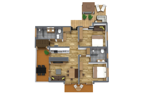 3D floor plan of a house featuring two bedrooms, a kitchen with an island, a dining area, a living room, two bathrooms, and two small balconies with seating areas. The design includes wooden flooring and modern furniture.