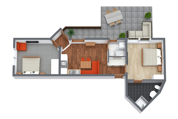 A 3D floor plan showing an apartment layout. It includes a bedroom, living room with orange accents, bathroom, kitchen, and a balcony with a table and chairs. The floors vary between wood, carpet, and tile.