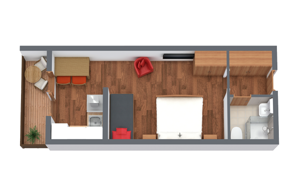 3D floor plan of an apartment showing a wooden-floored living area with a red armchair and TV, a kitchen with a black countertop, a bedroom with a double bed, and a bathroom. There is also a small balcony with seating.