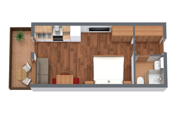 3D floor plan of a small apartment featuring a living area with sofa and TV, dining table, compact kitchen, bedroom with a double bed, bathroom with shower, and a balcony with table and chairs. Wood flooring is throughout the space.