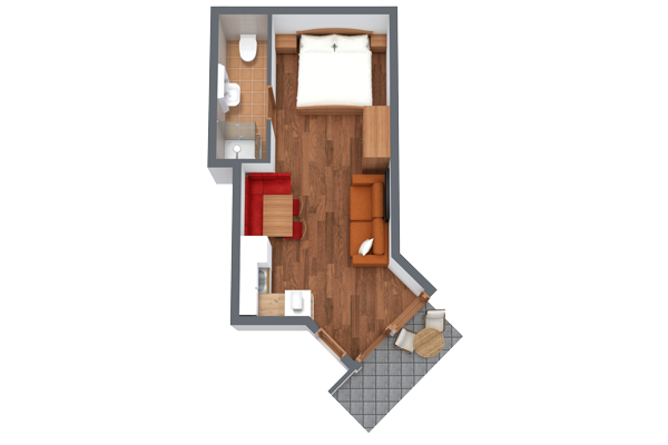 3D rendering of a compact studio apartment layout. Features include a bed, closet, sofa, and small dining table. Kitchenette and bathroom are in separate sections. Theres a small outdoor patio with a table and chairs, and hardwood flooring throughout.
