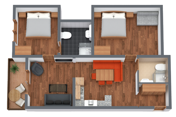 Floor plan of an apartment with two bedrooms, each with a double bed. Includes a central living area with a red sofa, dining table, kitchen, two bathrooms, and a small balcony with seating. Wood flooring is throughout the apartment.