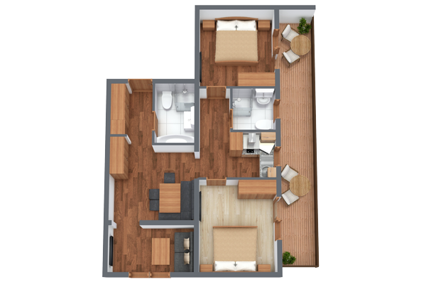 3D floor plan of an apartment with two bedrooms, two bathrooms, a kitchen, a living area, and a dining space. The layout includes wooden flooring and a long balcony featuring two small tables with chairs and potted plants.