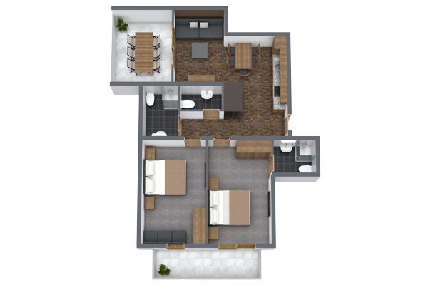 3D floor plan showing a two-bedroom apartment with a kitchen, living area, and dining space. The design includes two bathrooms and two outdoor areas. The layout emphasizes open, connected spaces with neutral colors and modern furnishings.