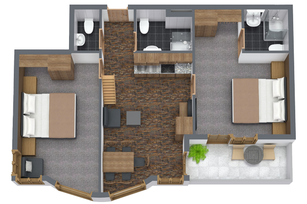3D floor plan of an apartment with two bedrooms, each with a bed and storage. Includes two bathrooms, a kitchen with appliances, a dining area with a table and chairs, a living area with seating, and a balcony with outdoor furniture.