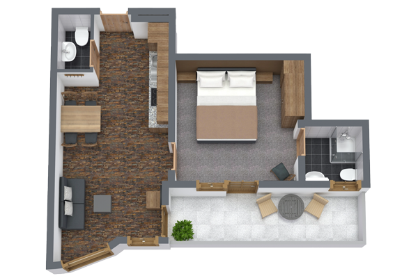Floor plan of an apartment featuring a bedroom with a double bed, a bathroom, a living area with sofa and table, a dining area, a kitchen, and a balcony with seating. Textures include wood flooring and grey carpet.