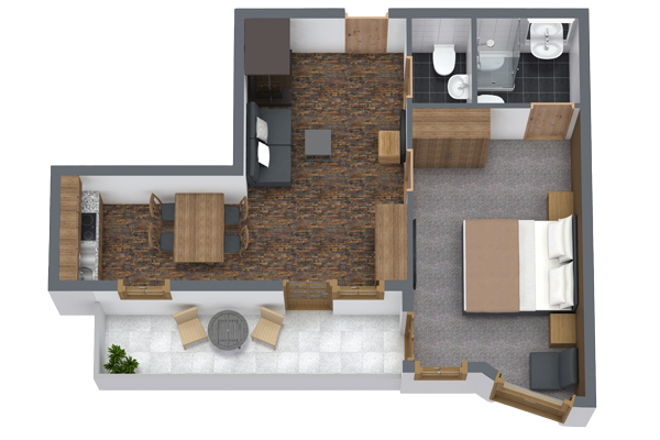 3D floor plan of an apartment with a living room, kitchen, bedroom, and bathroom. The living area has a sofa and table, the kitchen has appliances, the bedroom has a bed and side tables, and the bathroom has a sink, toilet, and shower. Theres a small balcony.