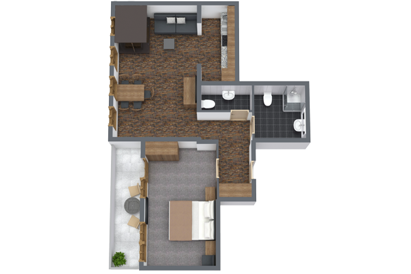 A 3D floor plan of an apartment showing a bedroom with a bed and wardrobe, a living area with a sofa and table, a dining area with a table and chairs, a kitchen, a bathroom, and a hallway. The apartment has wooden and tiled flooring.