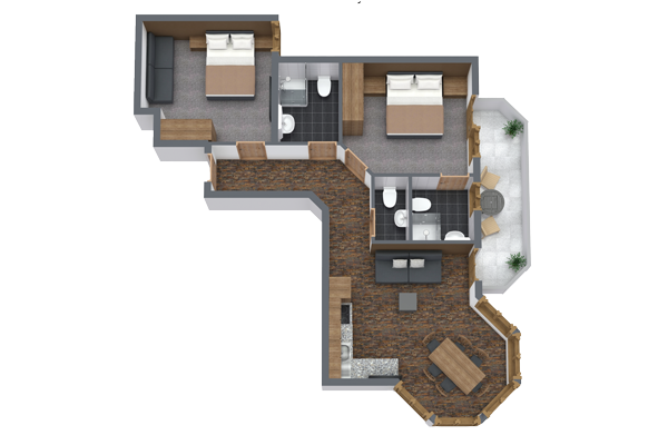 A 3D floor plan showing an apartment with two bedrooms, each containing a bed. There are two bathrooms, a kitchen, and a living area with seating and a dining table. A small balcony with plants is visible. The layout has wood and tile flooring.