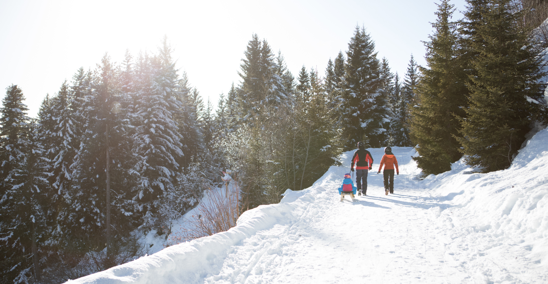 Auf einem verschneiten Waldweg, der in der strahlenden Wintersonne schimmert, genießen zwei Personen und ein Kind ihren Aktivurlaub in Serfaus-Fiss-Ladis. Die schneebedeckten Bäume stehen majestätisch da, während das Kind fröhlich einen kleinen Schlitten durch diese malerische Winterlandschaft zieht.