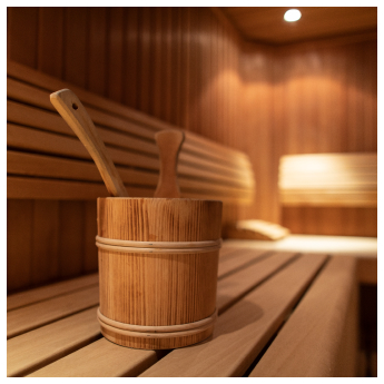 Wooden sauna interior featuring a bench and a wooden bucket with a ladle. Soft lighting casts a warm glow over the slatted wooden walls and ceiling, creating a cozy and inviting atmosphere.