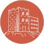 Simple line drawing of a castle with a tower and an adjacent rectangular building, set against a circular red-orange background.