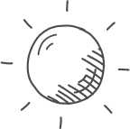 Illustration of a sun with a round center and short lines radiating outward. The center has shaded lines on the lower right portion, suggesting texture or depth. The sun symbolizes warmth or daylight in a simple, minimalist style.