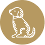 Illustration of a dog sitting inside a brown circle with a white outline.