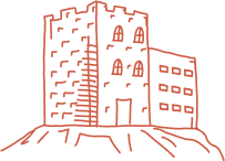 Illustration of a medieval-style stone castle with a tower and adjacent building, featuring arched windows and a large entrance. The structure is drawn in red line art and situated on a hill.