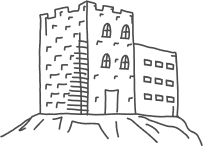Illustration of a medieval-style castle with a tall, rectangular tower featuring arched windows and a battlement top. Attached is a shorter building with a row of windows. Both structures sit on a rocky mound.