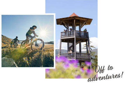 Two cyclists ride on a sunny trail in one image, while another image shows a wooden lookout tower with people enjoying the view. Purple flowers bloom in the foreground. The phrase Off to adventures! is written in the bottom right corner.