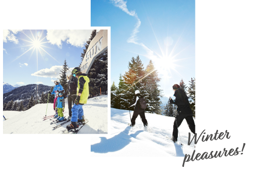 Two images show people skiing and snowshoeing under a bright sun. The left image has skiers on a snowy hill with pine trees. The right image shows people snowshoeing in deep snow. Text reads Winter pleasures!.