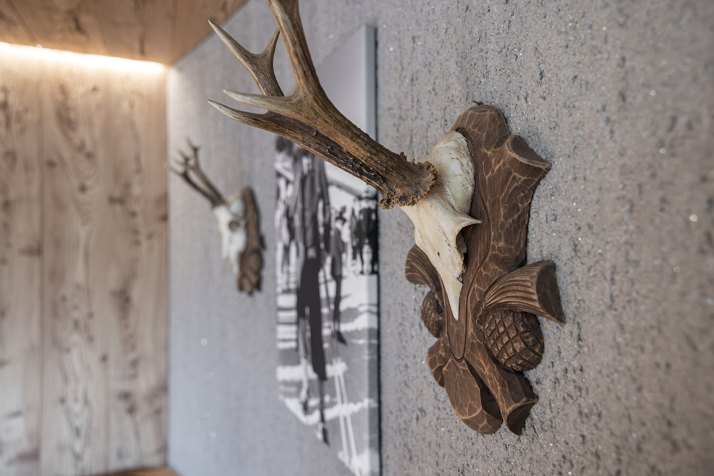 Im Neuen Apartment Gartenlodge in Ladis schmücken montierte Hirschgeweihe auf einer gemusterten Holztafel eine strukturierte graue Wand. Daneben hängt ein verschwommenes Schwarzweißfoto, während Holzvertäfelungen die angrenzende Wand und Decke verschönern und so ein rustikales, gemütliches Ambiente schaffen.