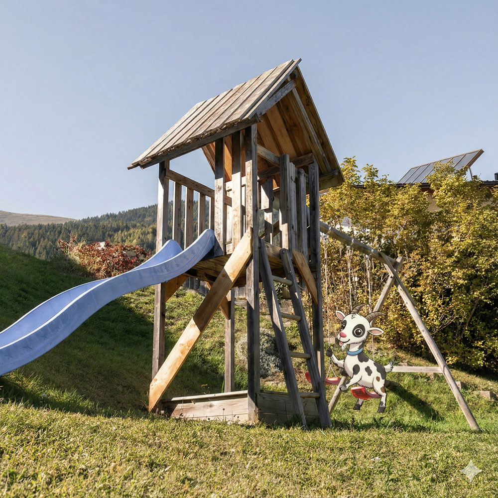 Holzspielplatz mit blauer Rutsche neben einer illustrierten Kuh im Privater Gartenspa im Edelweiss Chalet.