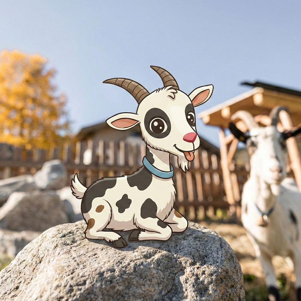 Cartoon-Ziege auf einem Felsen in Mimis Kinderspielwelt im Alpenapart in Ladis, dahinter echte Ziege.