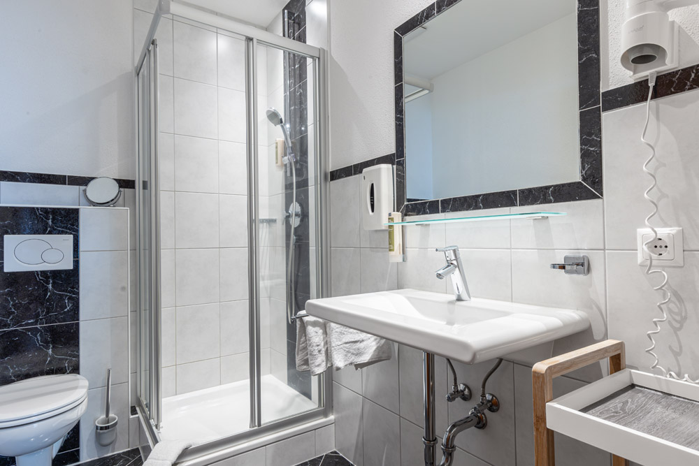 Modernes Badezimmer mit Glasdusche, weißem Waschbecken, Toilette und Wandspiegel.