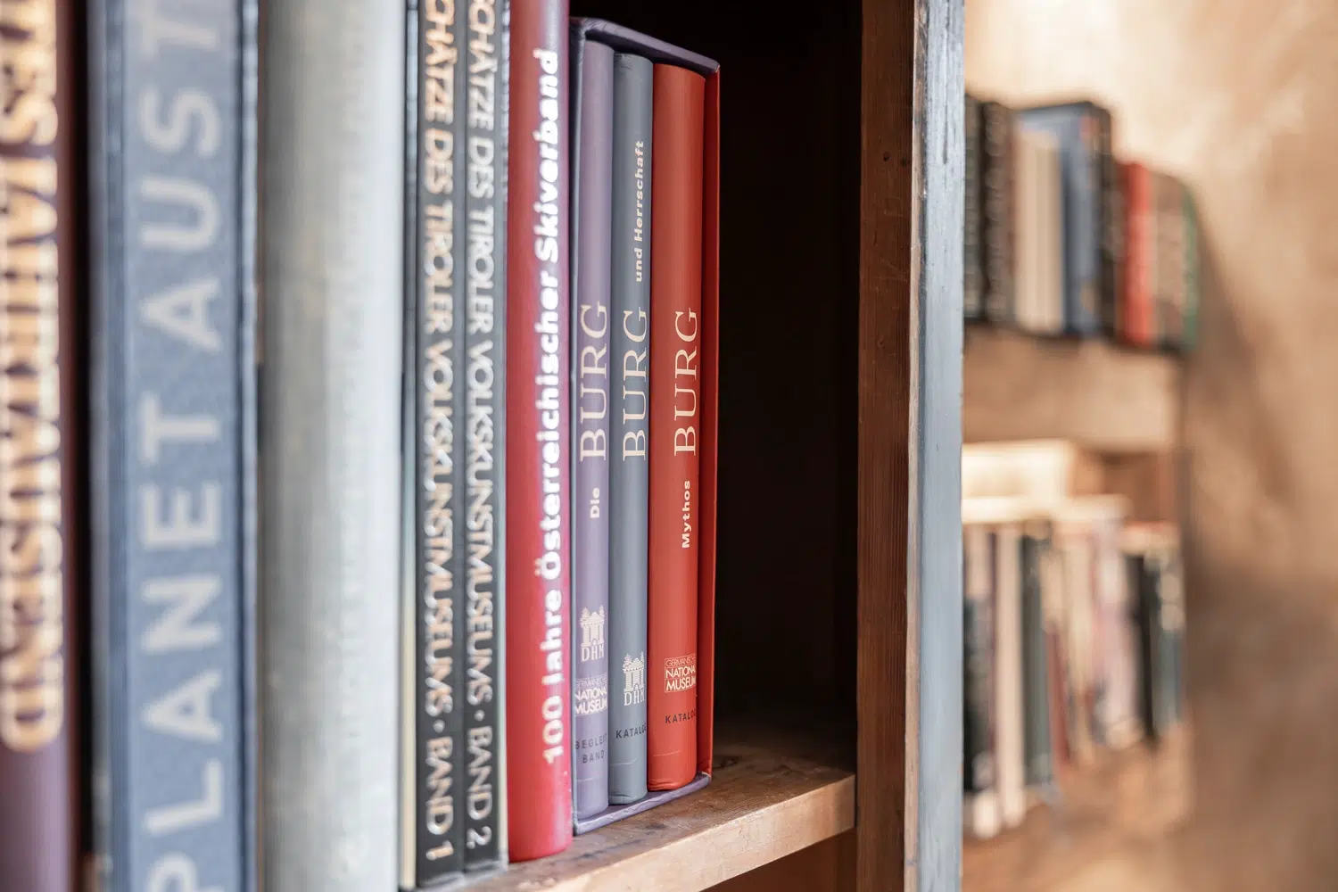 Bücher in einem Regal in Mimis Kinderspielwelt im Alpenapart in Ladis, mit deutschen und englischen Titeln.