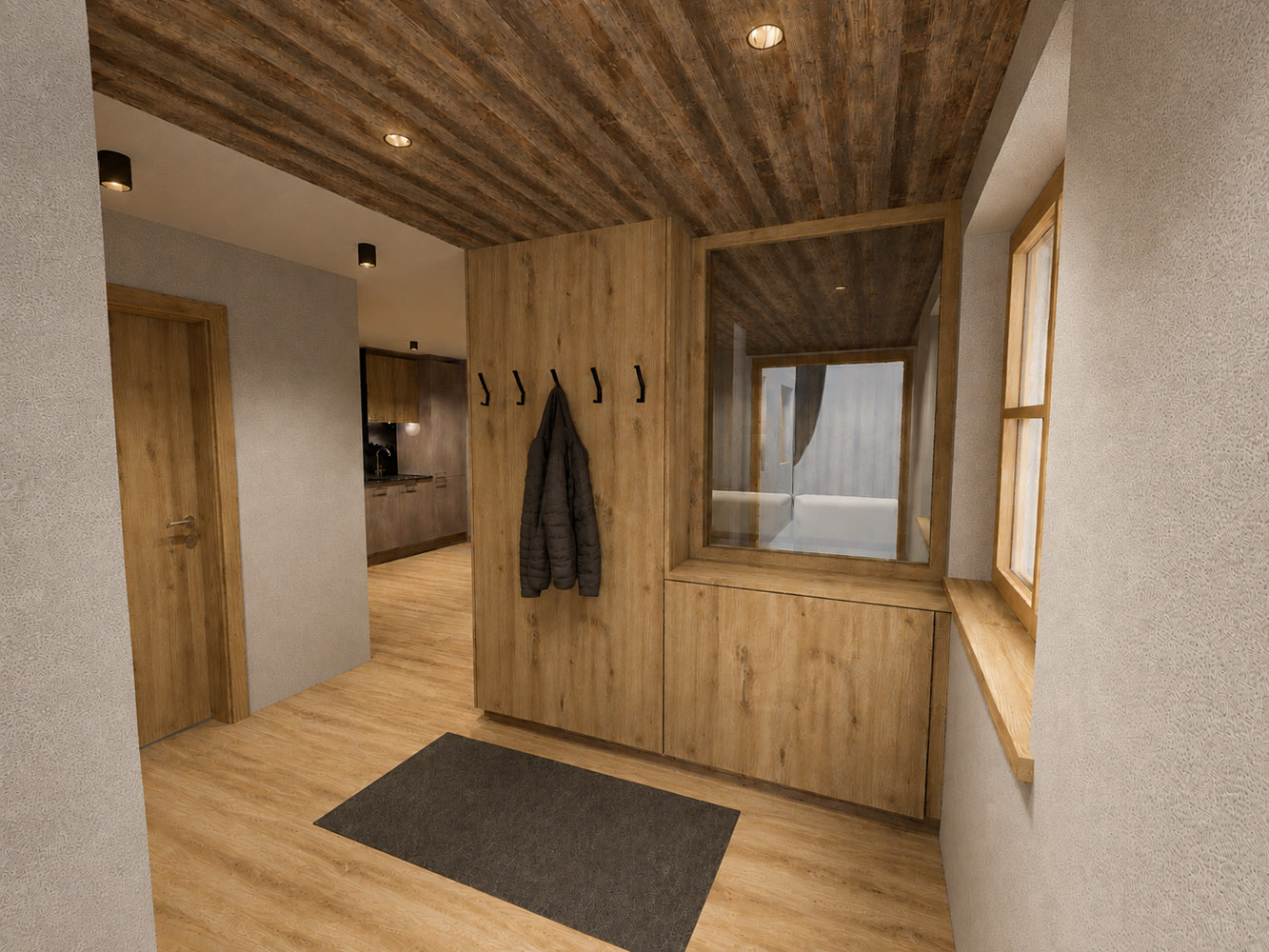 Chalet Laudegg in Ladis: Mit Holz vertäfelter Flur mit Garderobenhaken, Jacke, Fenstern und Türöffnung.