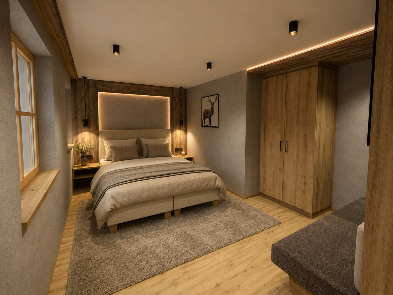 Modernes Schlafzimmer im Chalet Laudegg in Ladis mit Holzakzenten, großem Bett, Kleiderschrank und sanfter Beleuchtung.