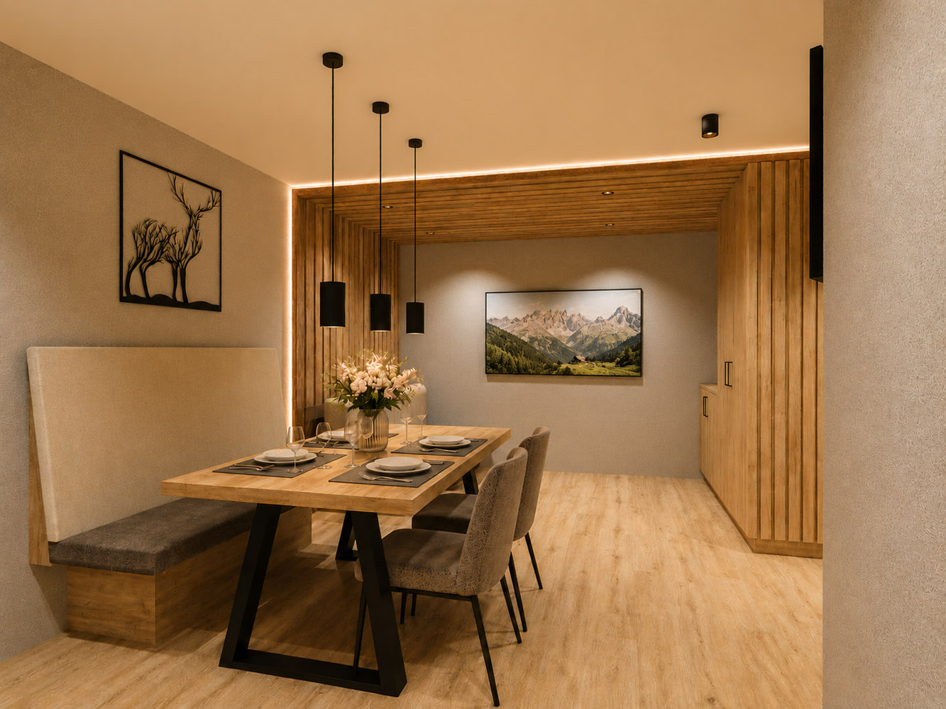 Moderner Essbereich im Chalet Laudegg in Ladis, mit Holztisch, vier Stühlen und Bergmotiven.