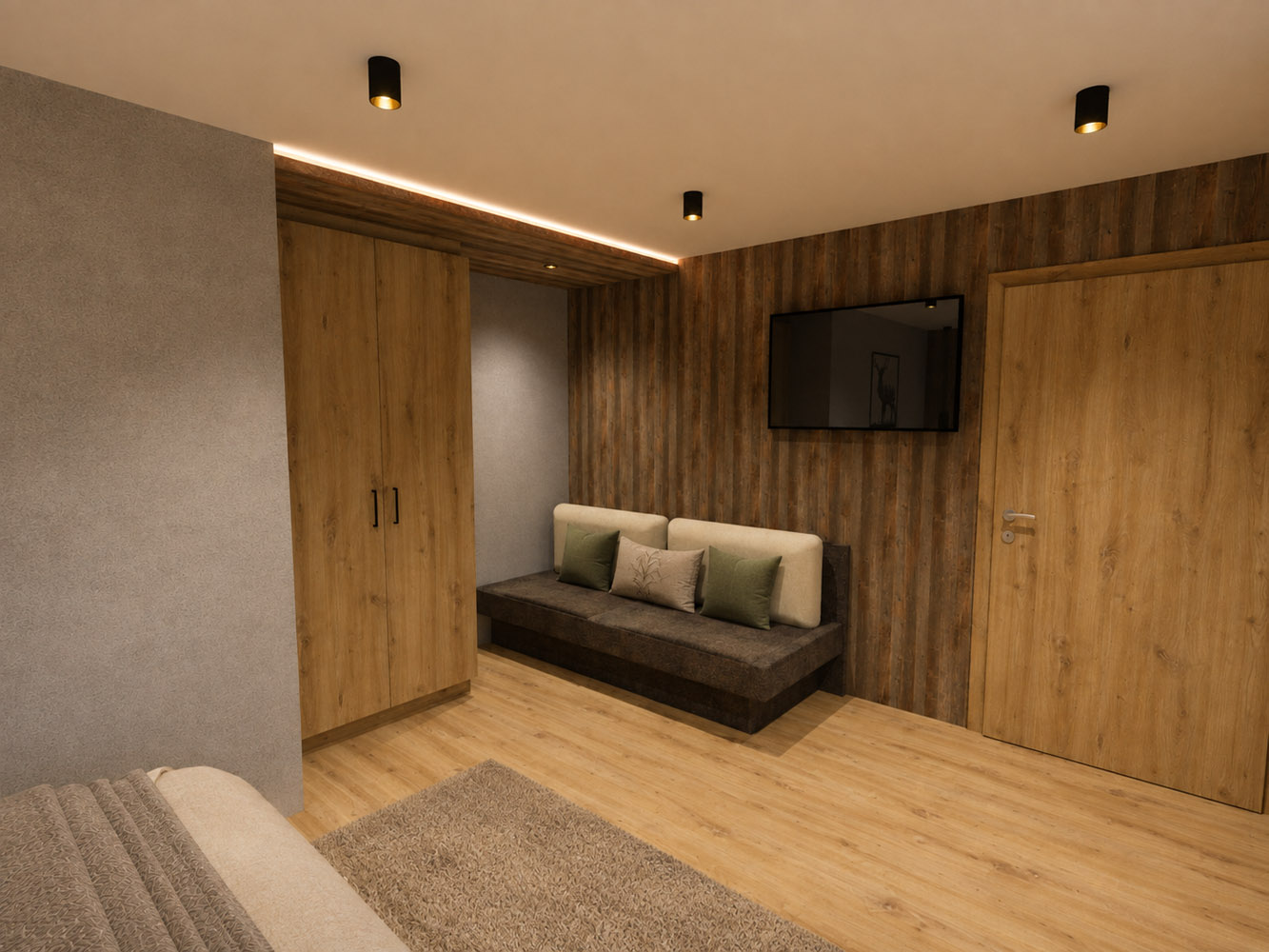 Modernes Zimmer im Chalet Laudegg in Ladis mit Holzelementen, einem Sofa, Fernseher und stimmungsvoller Beleuchtung.